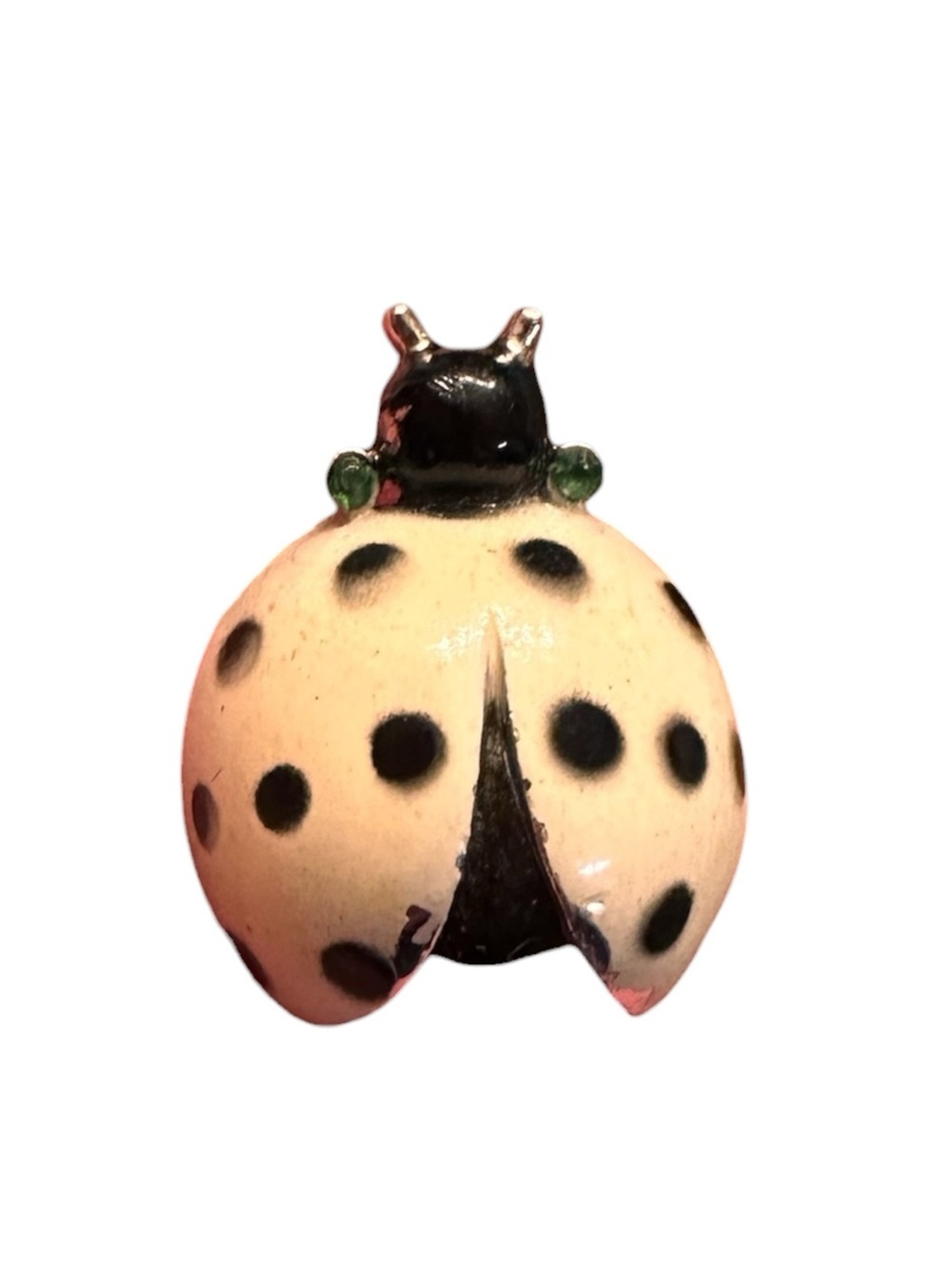 Vintage NEMO Ladybug Brooch Pin White Enamel Black Spots Silver Tone Green
